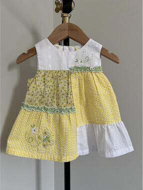 Vintage Little Bitty Yellow Gingham Spring Floral Butterfly Patchwork Dress